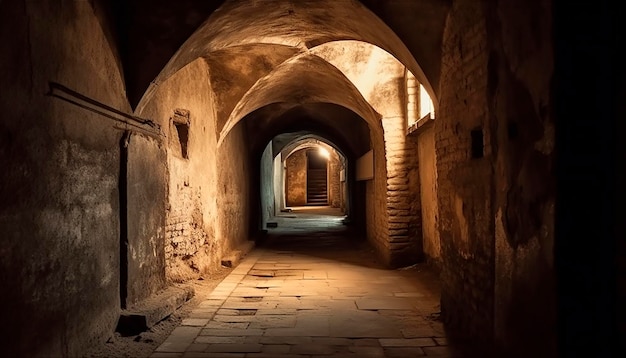 Photo a dark alley with a light on the ceiling