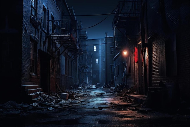 a dark alley with a light on it
