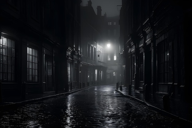 A dark alley with a light on the right side of it.