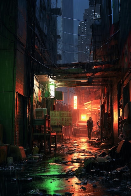 A dark alley with a man standing in the middle of it.