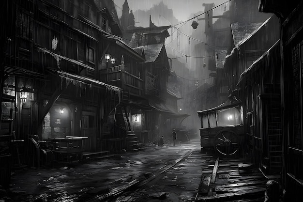 A dark alley with a man standing in the middle of it.