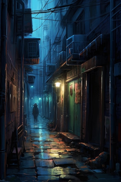 A dark alley with a man walking down it.
