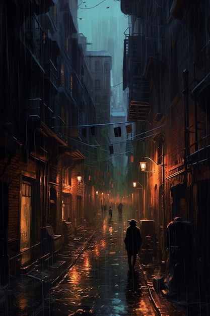 A dark alley with a man walking down it.