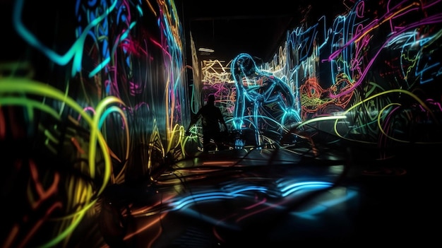 A dark alley with neon lights and a man in a black shirt.