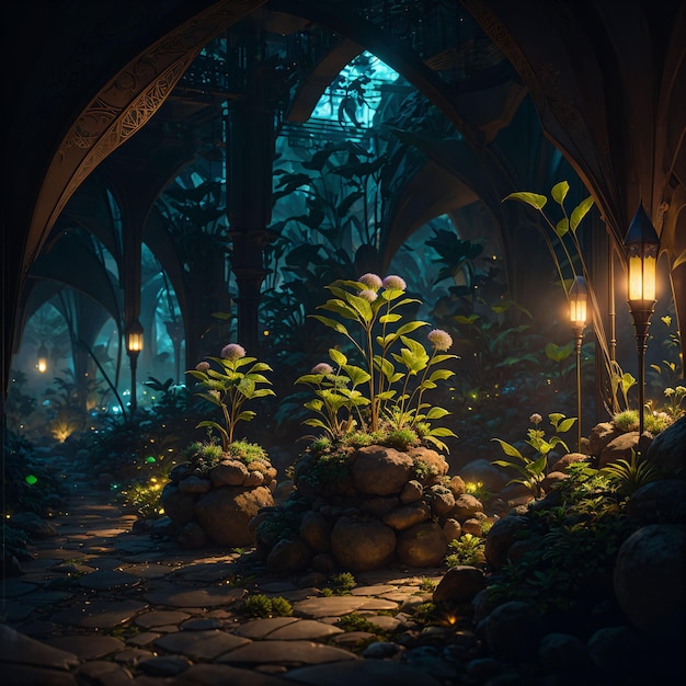 A dark alley with plants and a stone walkway.