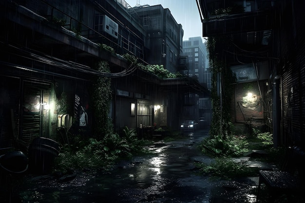 A dark alley with a sign that says'ghost in the shell '