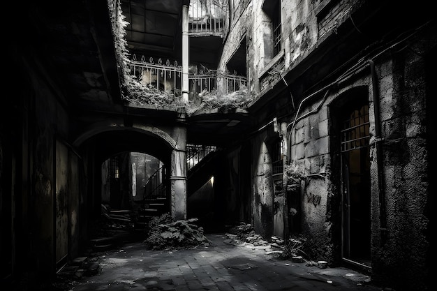 A dark alley with a staircase and a sign that says'the word'on it '