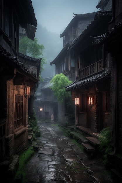 A dark alley with a street in the background