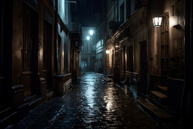 A dark alley with a street lamp and a light on it.