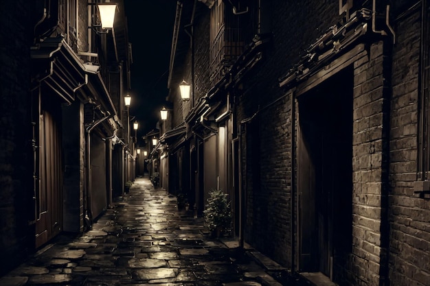 Photo a dark alley with a street with lights on.