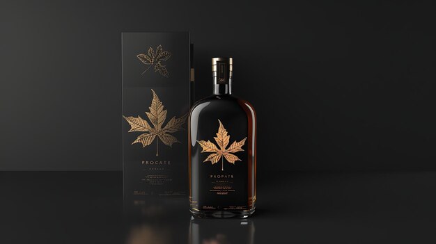 Photo a dark amber colored bottle of maple syrup with a golden label featuring a maple leaf design