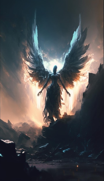 A dark angel with a glowing halo on its wings