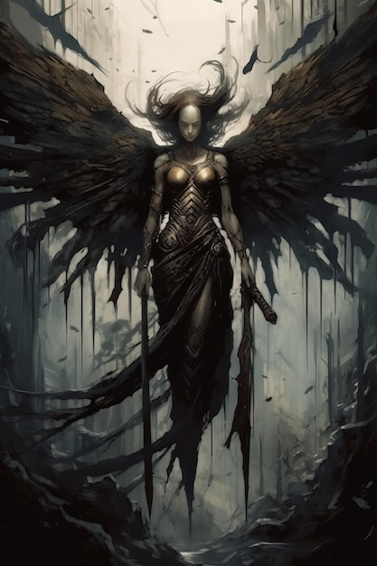 A dark angel with a sword in the middle