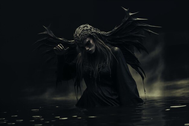 Photo dark angelic figure with black wings and myst