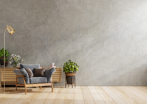 dark armchair and a wooden cabinet in living room interior with plant,concrete wall.3d rendering