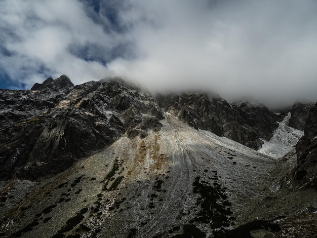 흐린 날씨에 높은 산맥이 있는 어두운 대기의 고원 풍경