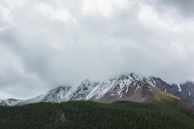 写真 低い雲の中に森の雪山がある暗い大気の風景低い鉛灰色の空の下に森と雪が高い山がある暗い曇りの風景大きな雪の山脈の荒々しい景色