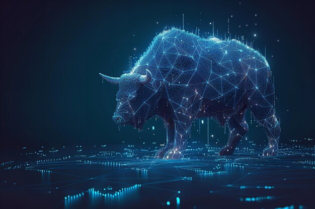 In a dark backdrop an abstract wireframe with a bull of share market with a big space for text or product backdrop Generative AI