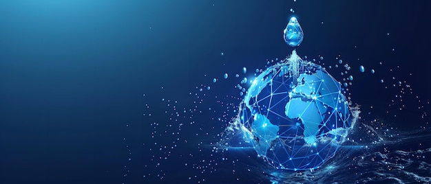 In a dark backdrop an abstract wireframe a world or globe with water a concept of world water day with a big space for text or product Generative AI