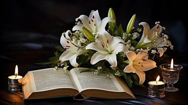 Dark backdrop with open book white lily blooms and flickering candles GENERATE AI