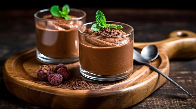 A dark backdrop with a wooden board and a glass of vegan chocolate mousse and a spoon GENERATE AI