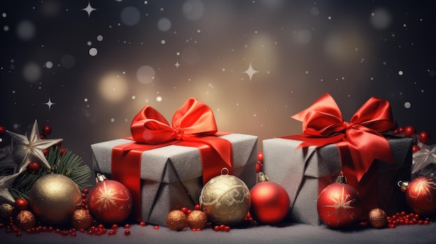 어두운 배경은 크리스마스 선물로 아름답게 장식되어 있으며 각각 밝은 빨간 리본으로 여 있습니다.