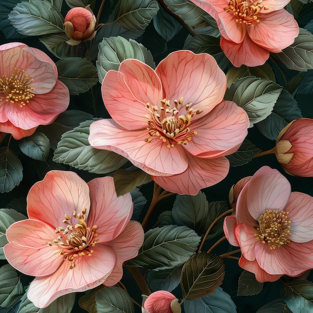 On a dark background a continuous pattern with large pink flowers and green leaves is hand painted in watercolors