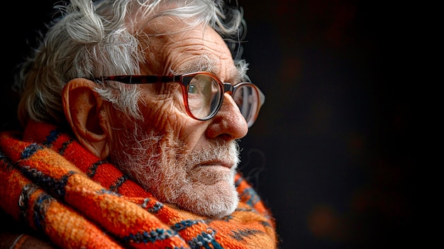 Photo on a dark background an elderly sad man in glasses and wearing an orange warm multicolored scarf