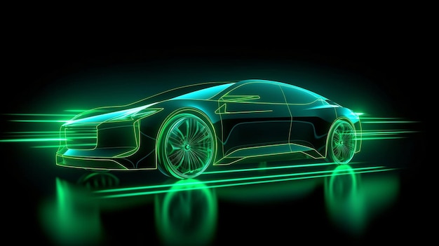 On a dark background a futuristic electric automobile silhouette is moving EV idea Concept for sustainable transportation Eps 10 vector artwork Generative Ai