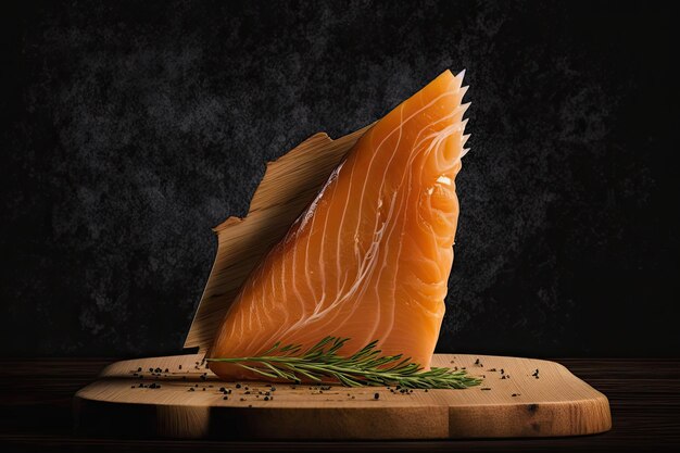 On a dark background a half torn piece of smoked salmon fillet is shown on a wooden board