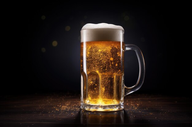 A dark background illustrates a beer mug