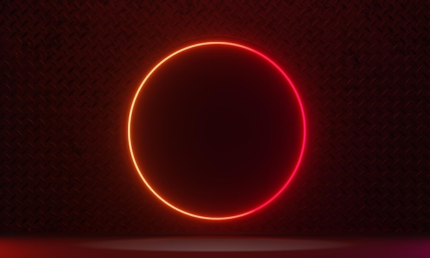 Dark background neon laser circle yellow red light with metal wall in black theme. 3D illustration rendering.