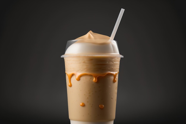 On a dark background a plastic glass holding a vanilla milk cocktail a caramel milkshake in a plastic cup for takeout