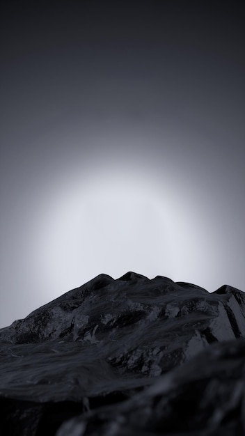제품 디스플레이를 위한 어두운 배경 조명이 있는 산과 태양이 비치는 산