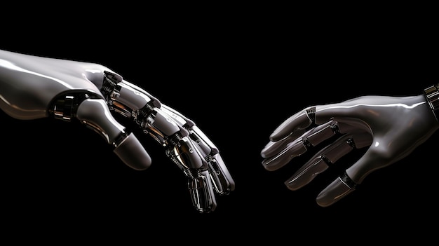 on a dark background a robot hand makes contact with a human hand demonstrating generative ai