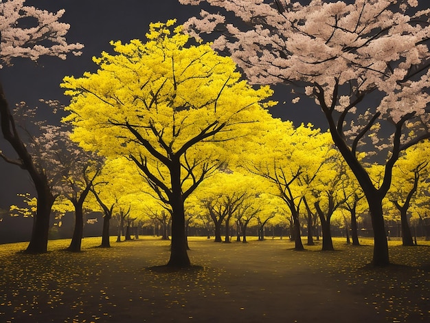 Dark background small yellow Sakura trees