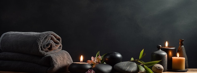 Photo dark background spa background with towels and candles and stonesai generative ai