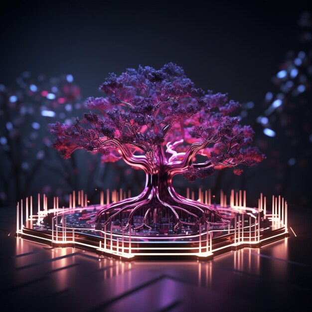 Photo dark background with 3d circuit tree in pink and purple for social media post size