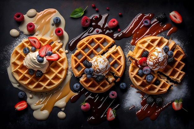 A dark background with Belgian waffles topped with various berries sauces and toppings Generative AI