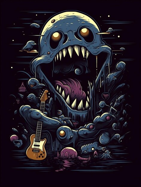 A dark background with a cartoon monster with a guitar and a guitar generative ai