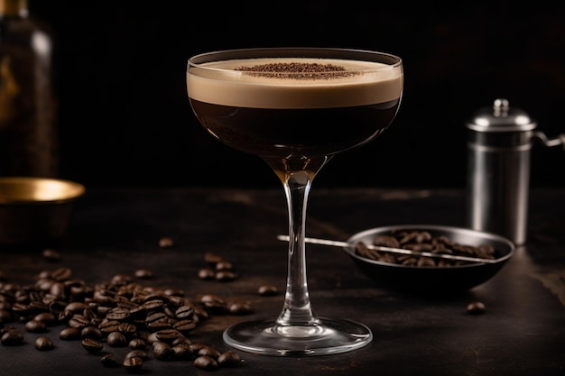 A dark background with a cocktail in a glass and a cup of espresso next to it.