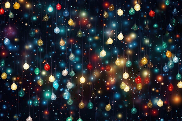 Photo dark background with colorful christmas light of garland and bokeh festive backdrop