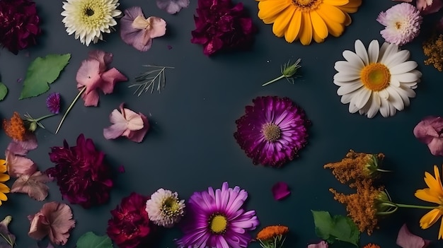 A dark background with colorful flowers and leaves on it.