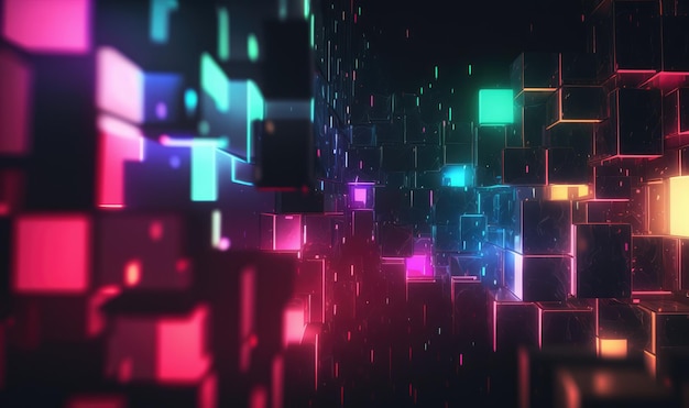 A dark background with cubes and lights.