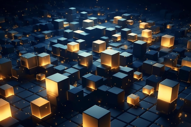 A dark background with cubes and lights