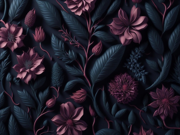 A dark background with flowers and leaves.