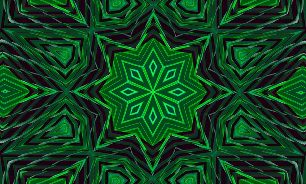 A dark background with a glowing green ornament in the shape of a stylized flower. Kaleidoscope pattern for design.