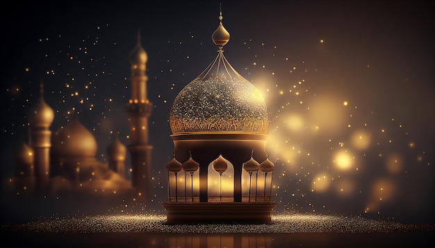 A dark background with a golden dome and a lit up mosque in the background.