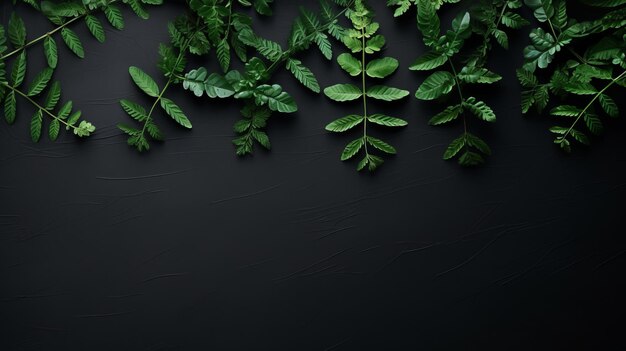 dark background with green branches and leaves with space for text