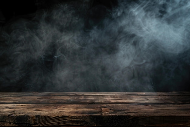 Dark background with old wood table top and smoke